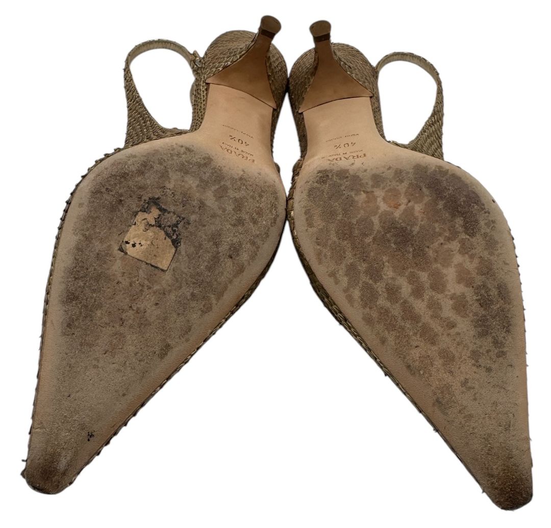 Prada Gold Textured Leather Slingback Kitten Heels – Size 40½