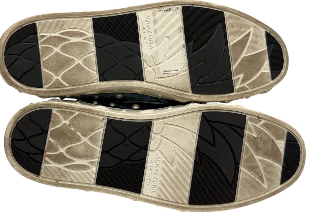 Aquazzura 'Cosmic Pearls' Slip-On Sneakers in Ocean Blue Velvet – Size 37 – Good Preowned Condition