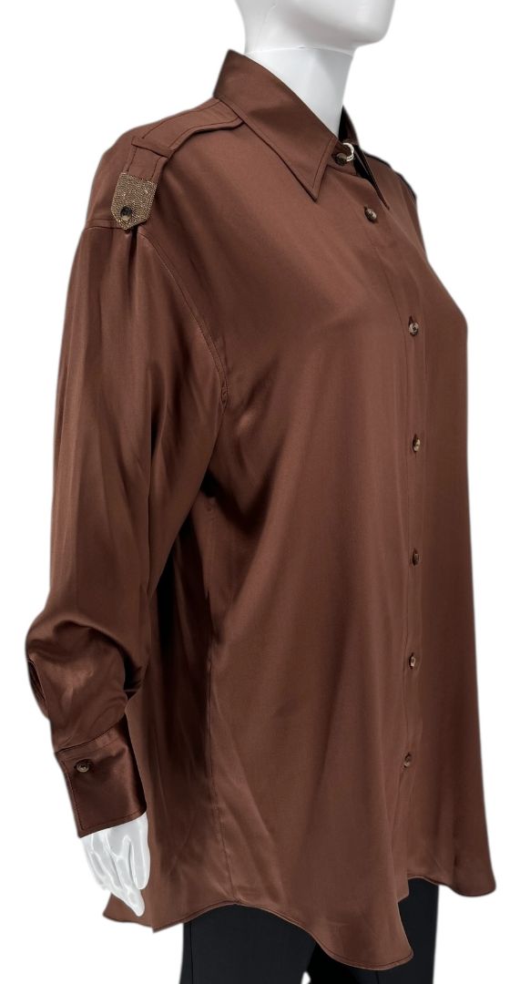 Brunello Cucinelli Silk Epaulet Blouse in Mahogany – Size XS