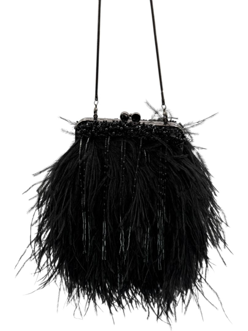 Moo Roo Feather & Beaded Evening Bag – Very Good Condition – Signed by Designer
