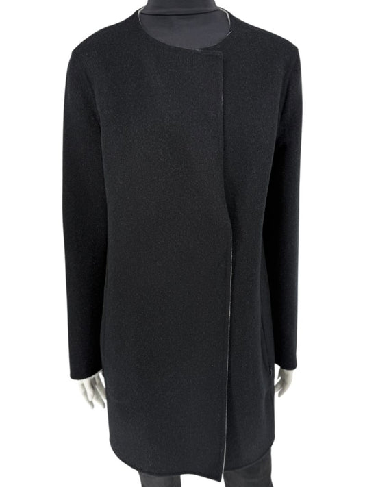 Pamella Roland Black Wool Blend Long Coat Minimalist Hidden Snap Closure - Large