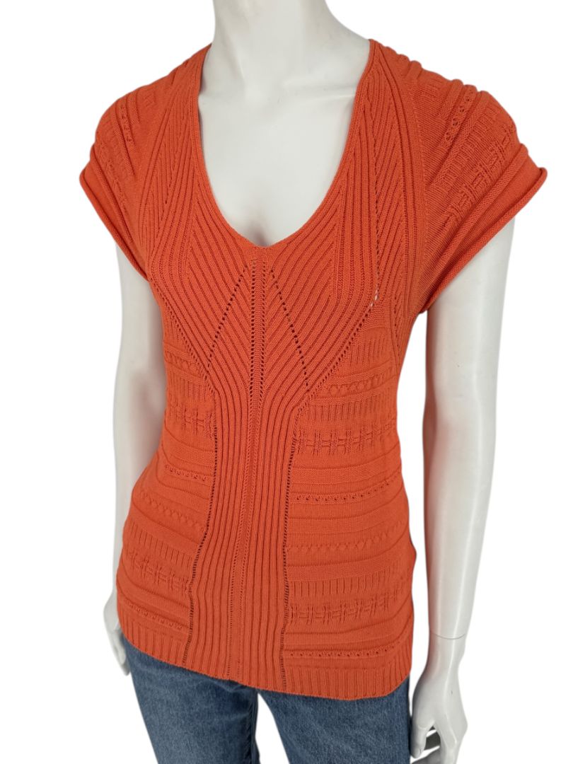 Les Copains Orange Textured Knit Short Sleeve Sweater – Size 48