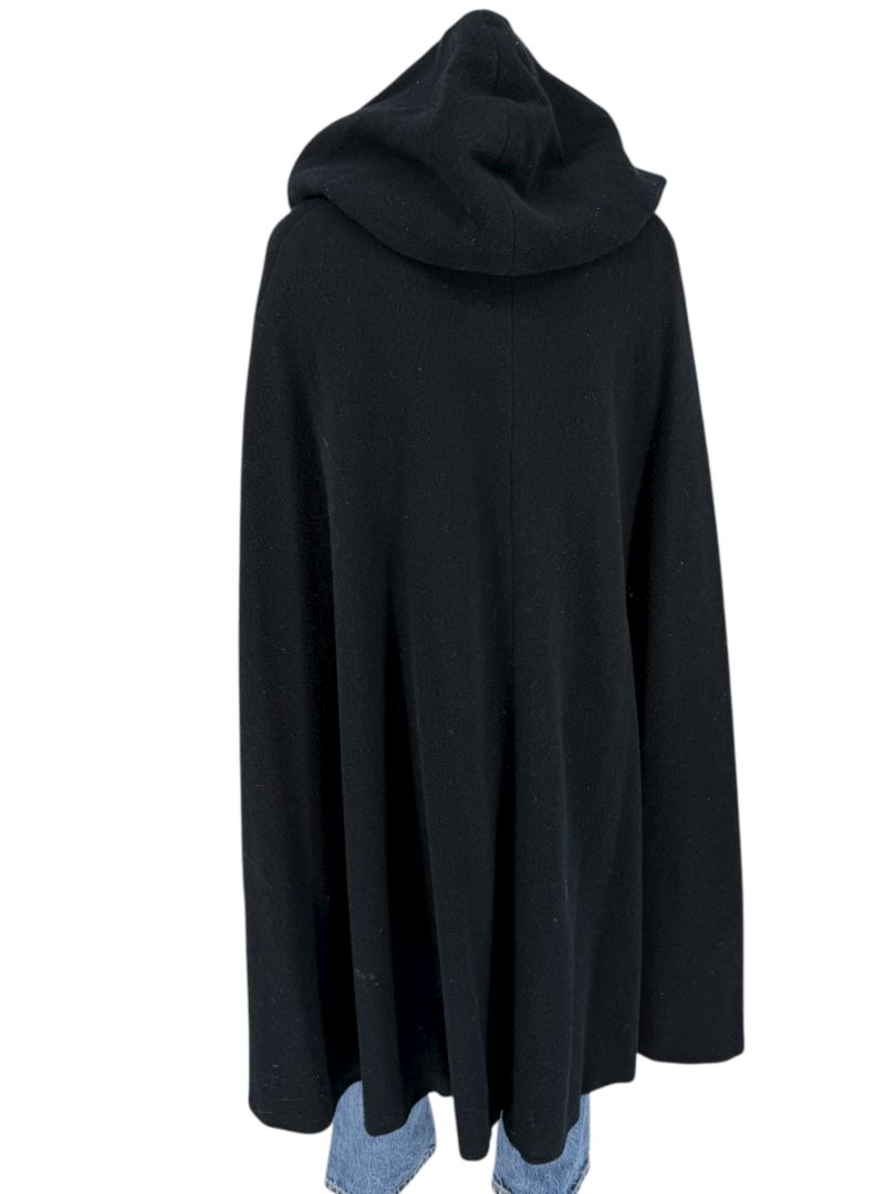 Black Wool Hooded Cape with Silk-Lined Interior – Large