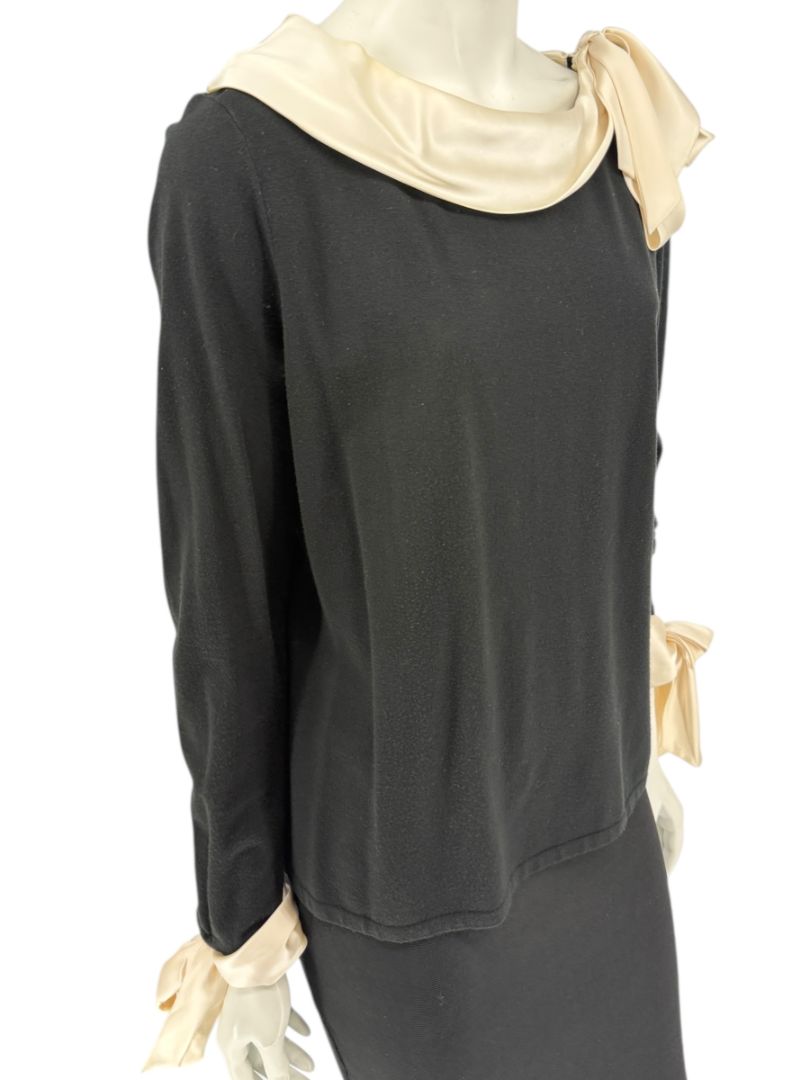 Rena Lange Black Dress with Ivory Satin Accents – Size Large