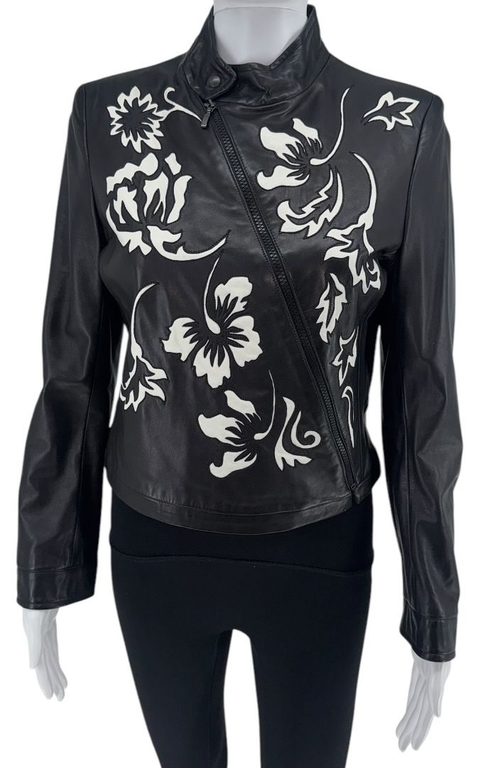 Giorgio Armani Black Lambskin Leather Floral Jacket – Size 40 (IT)