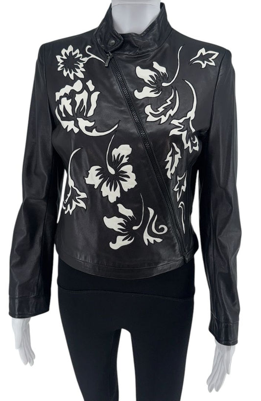 Giorgio Armani Black Lambskin Leather Floral Jacket – Size 40 (IT)