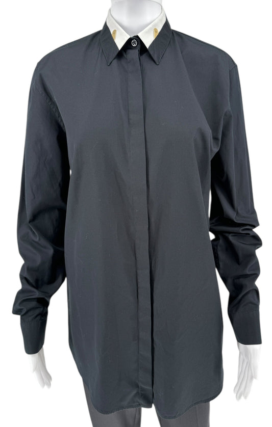 Givenchy Black Cotton Shirt with White Collar and Gold Collar Stays – Size FR 40