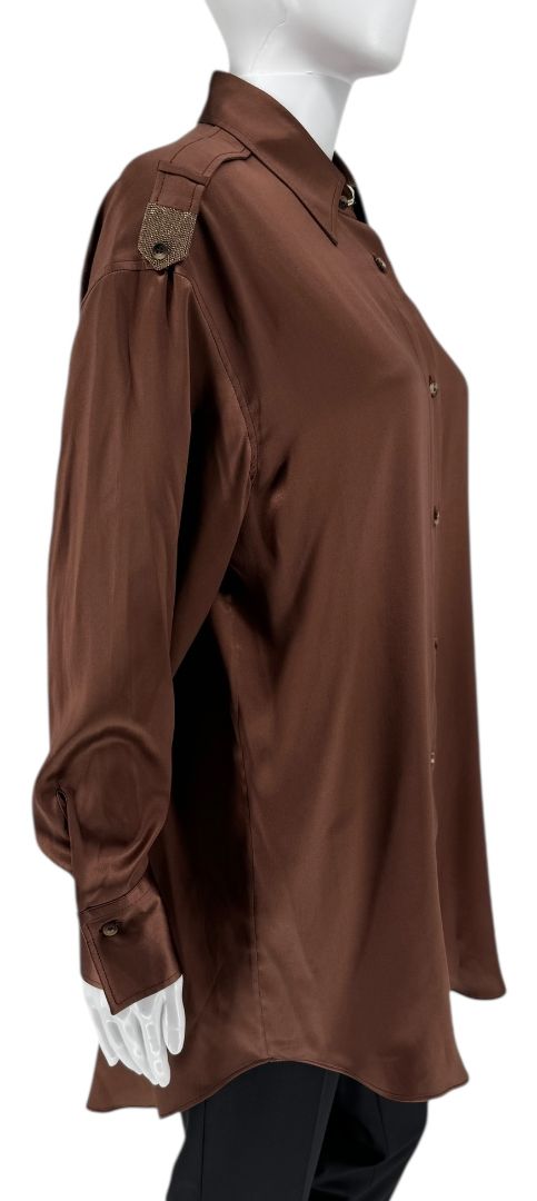 Brunello Cucinelli Silk Epaulet Blouse in Mahogany – Size XS