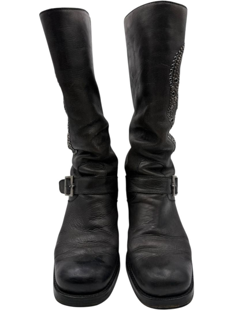 Patrick Cox Studded Skull Leather Moto Boots – Made in Italy – Size 40