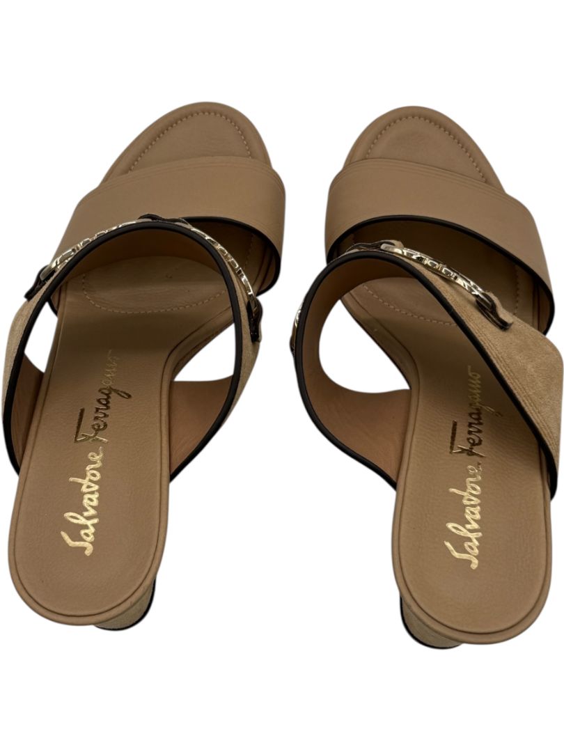 Salvatore Ferragamo Tan Leather & Suede Wedge Sandals – Size 9