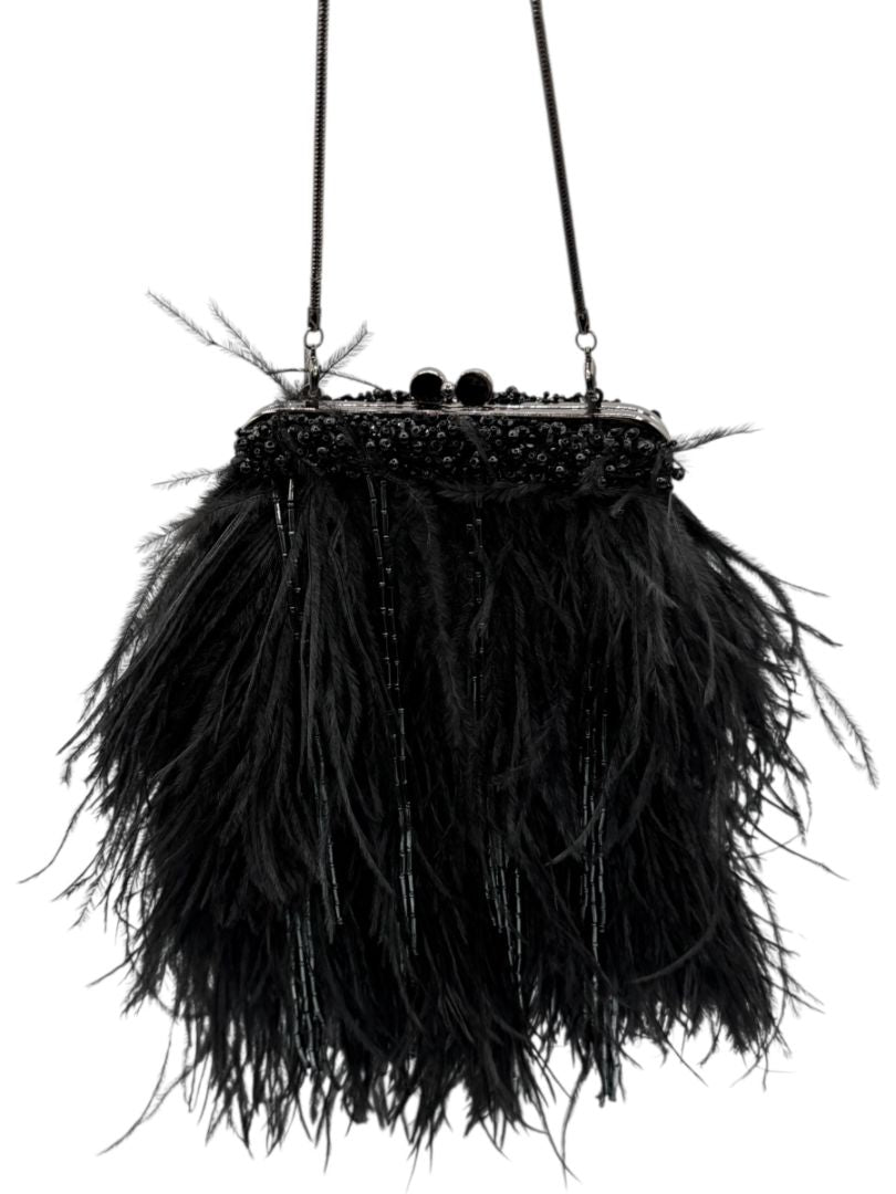 Moo Roo Feather & Beaded Evening Bag – Very Good Condition – Signed by Designer
