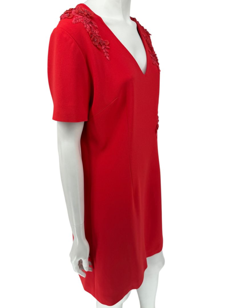 Pamella Roland Red Embellished V-Neck Shift Dress – Large