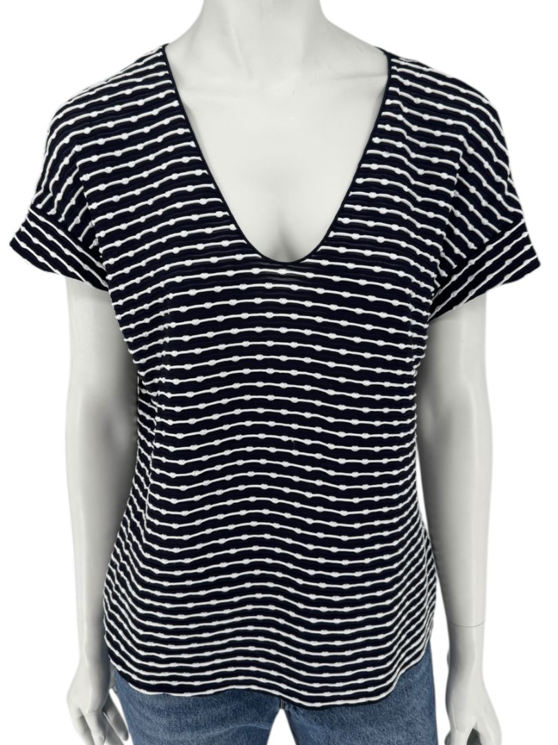 Armani Collezioni Made in Italy Navy & White Textured Stripe V-Neck Top – Size 12
