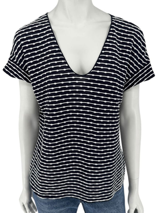 Armani Collezioni Made in Italy Navy & White Textured Stripe V-Neck Top – Size 12