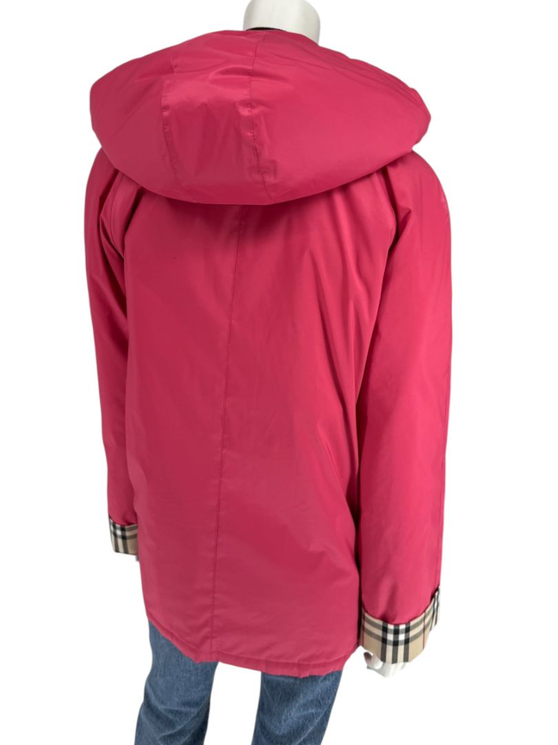 Burberry London Fuchsia Hooded Check-Lined Jacket – Size L