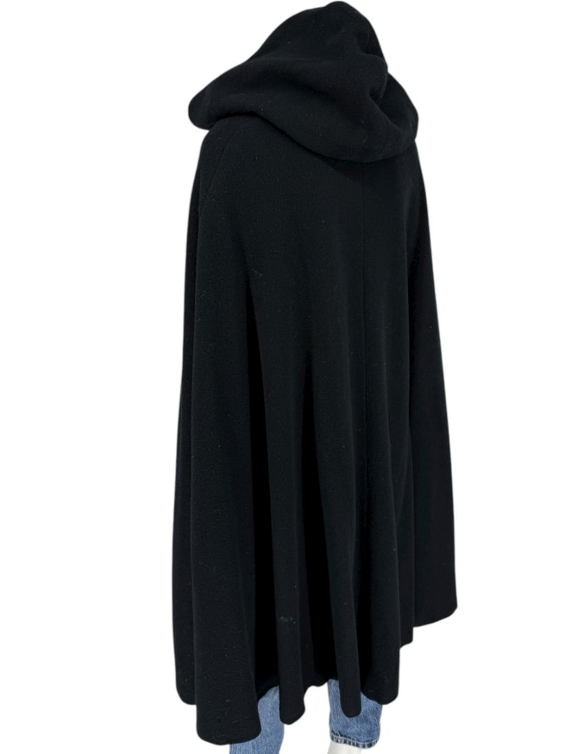 Black Wool Hooded Cape with Silk-Lined Interior – Large