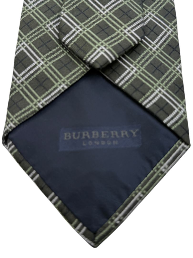 Burberry London Olive Green Geometric Plaid Silk Tie