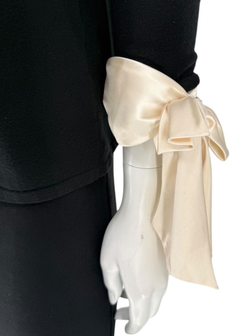 Rena Lange Black Dress with Ivory Satin Accents – Size Large