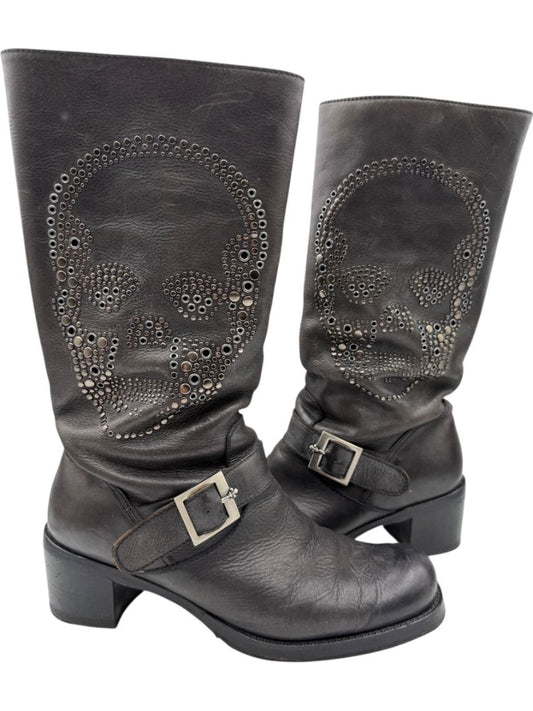 Patrick Cox Studded Skull Leather Moto Boots – Made in Italy – Size 40
