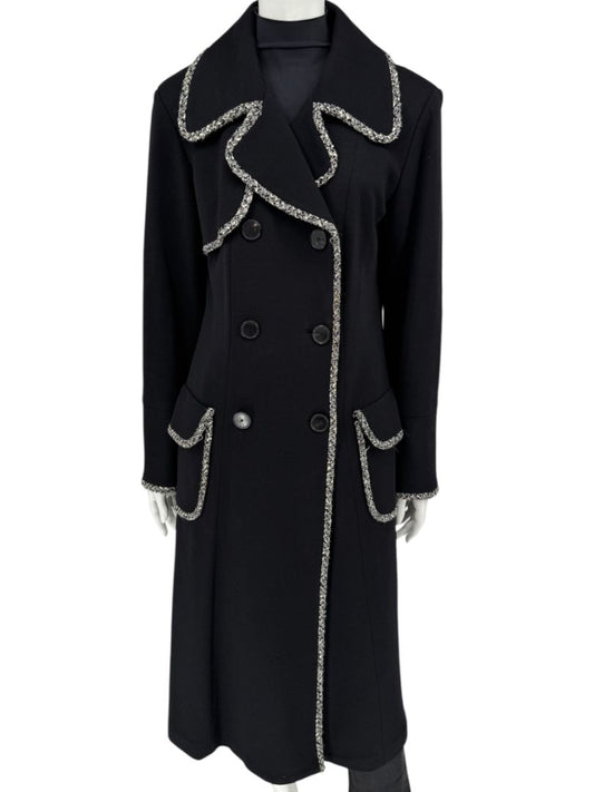 Lida Baday Black Wool Long Coat with Metallic Braid Trim – Size 12