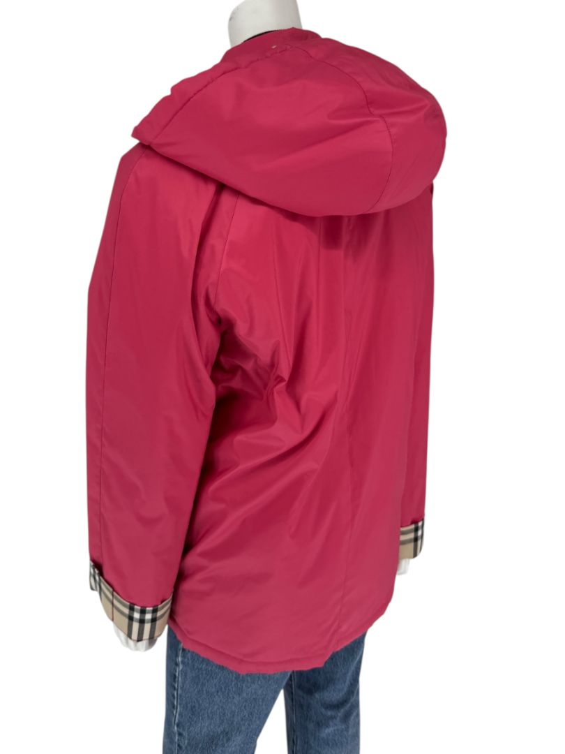 Burberry London Fuchsia Hooded Check-Lined Jacket – Size L