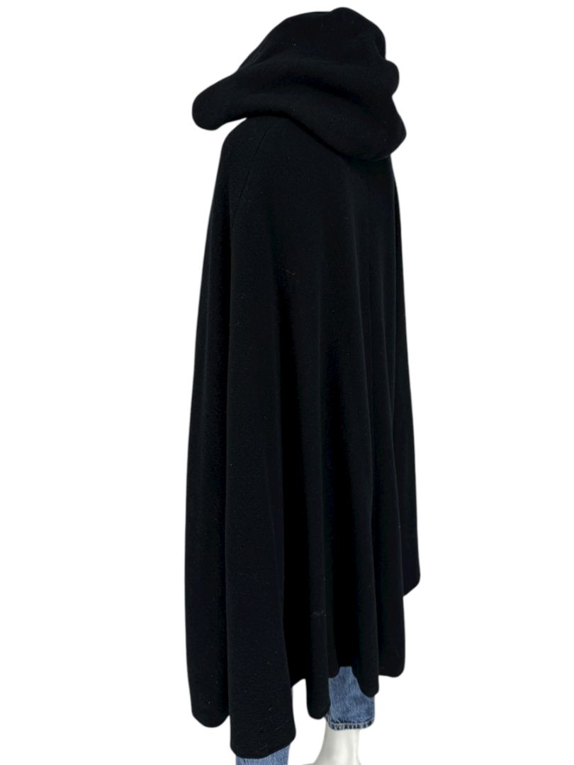 Black Wool Hooded Cape with Silk-Lined Interior – Large
