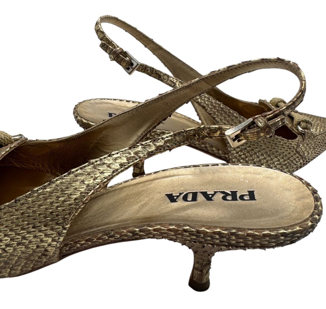 Prada Gold Textured Leather Slingback Kitten Heels – Size 40½