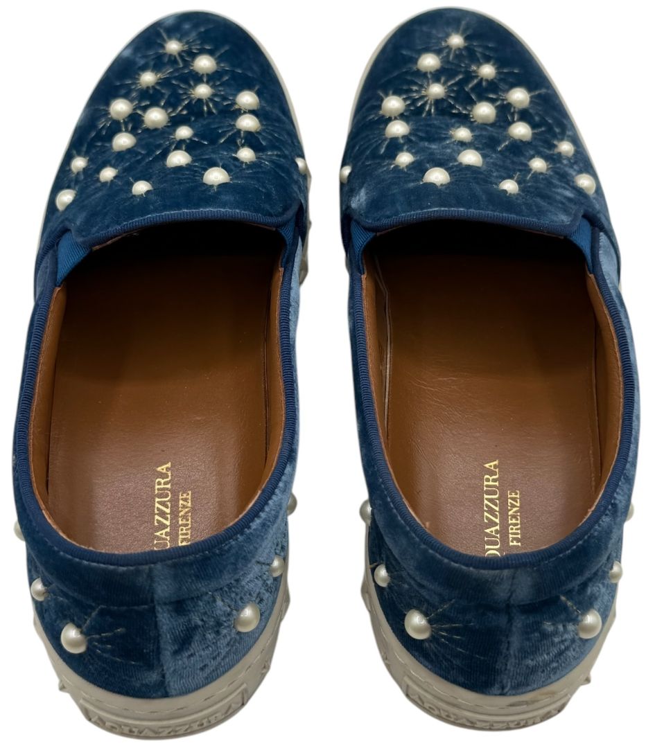 Aquazzura 'Cosmic Pearls' Slip-On Sneakers in Ocean Blue Velvet – Size 37 – Good Preowned Condition