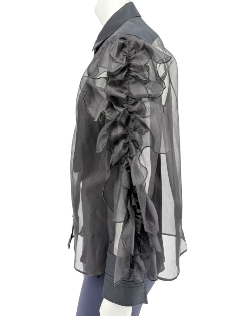 MaxMara 'Umberta' Sheer Black Silk Ruffle Blouse – Size 8