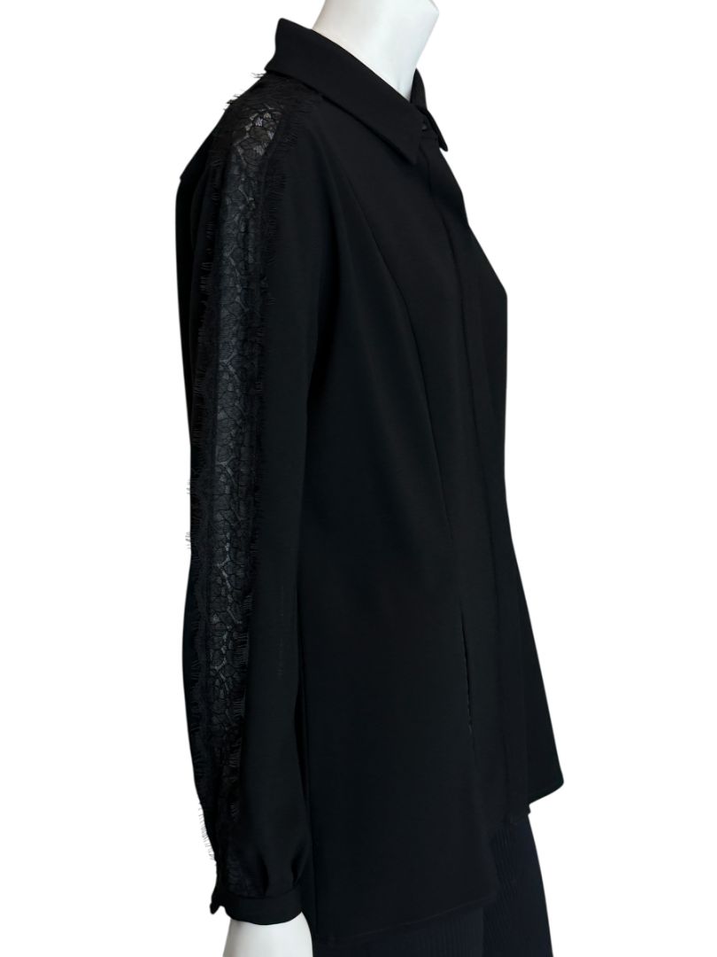 Pamella Roland Black Longsleeve Blouse with Lace Inset - Large