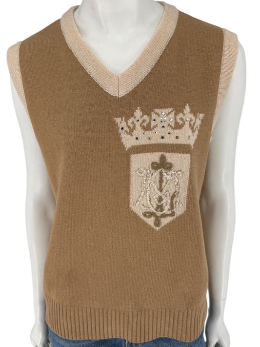 Misselle Les Copains Tan Embellished Crest Sweater Vest – Size L