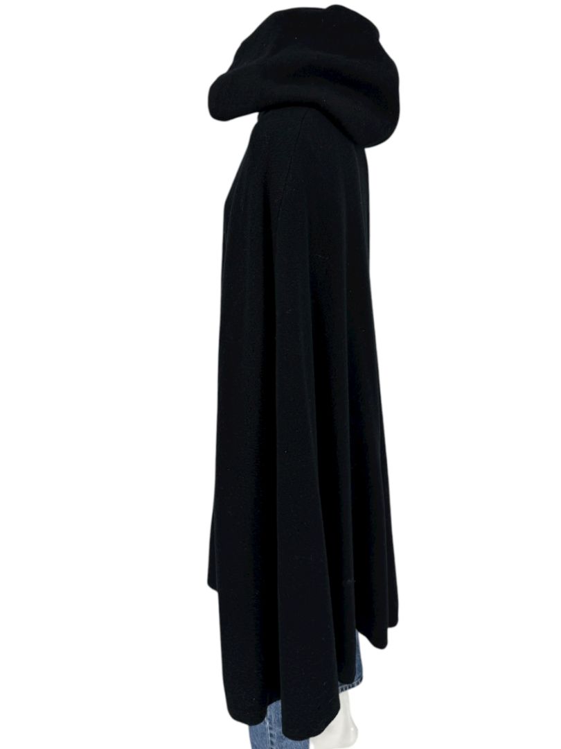 Black Wool Hooded Cape with Silk-Lined Interior – Large