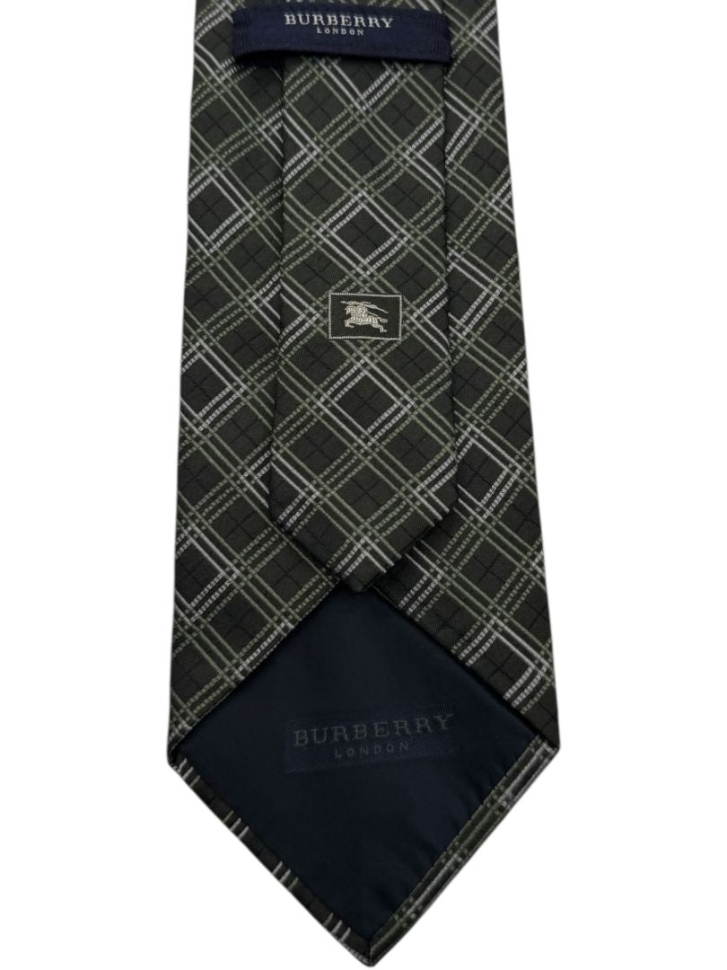Burberry London Olive Green Geometric Plaid Silk Tie