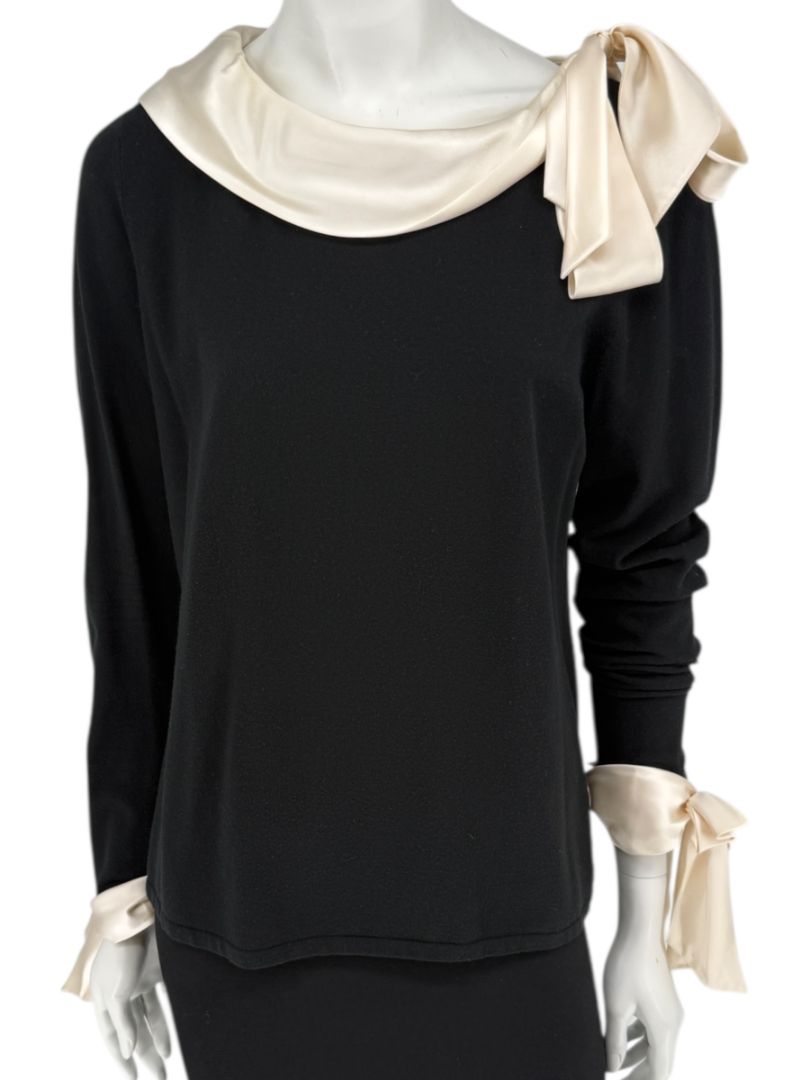 Rena Lange Black Dress with Ivory Satin Accents – Size Large