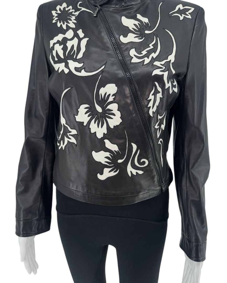 Giorgio Armani Black Lambskin Leather Floral Jacket – Size 40 (IT)