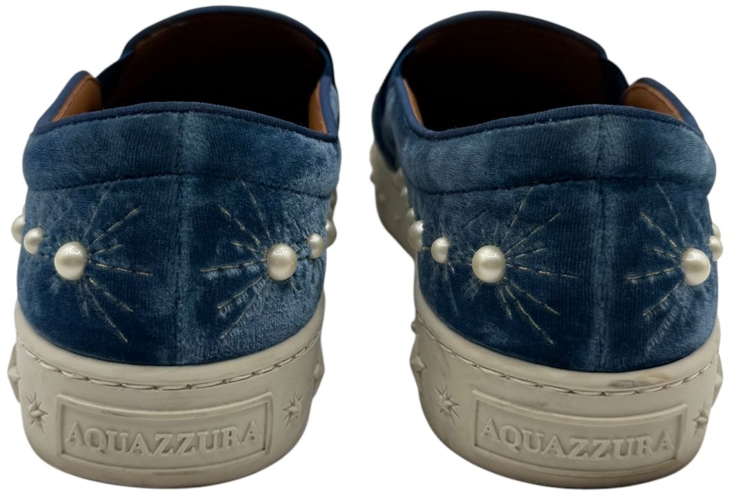 Aquazzura 'Cosmic Pearls' Slip-On Sneakers in Ocean Blue Velvet – Size 37 – Good Preowned Condition