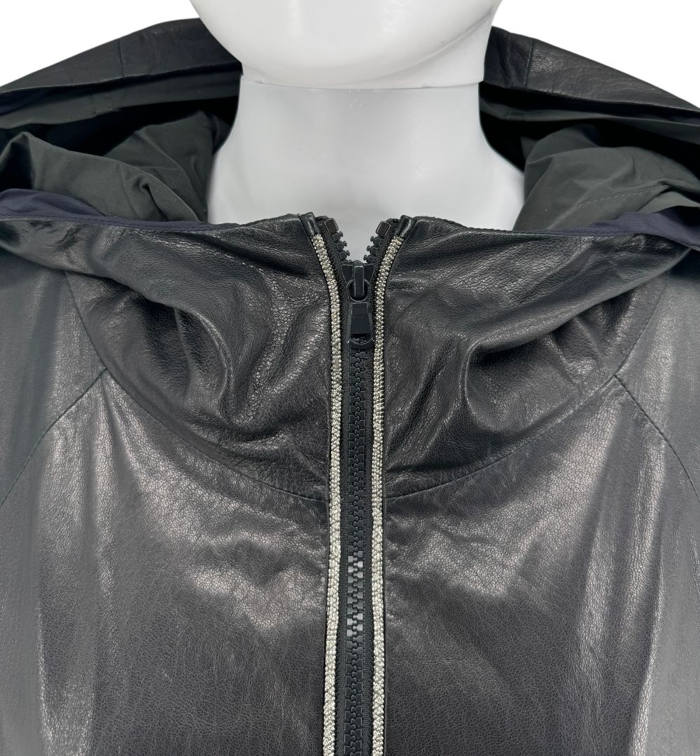 Brunello Cucinelli Blue/Black Leather Hooded Jacket – Size IT 42 (US 6)