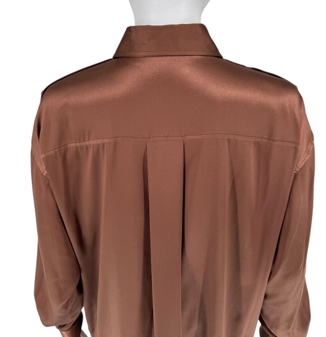Brunello Cucinelli Silk Epaulet Blouse in Mahogany – Size XS