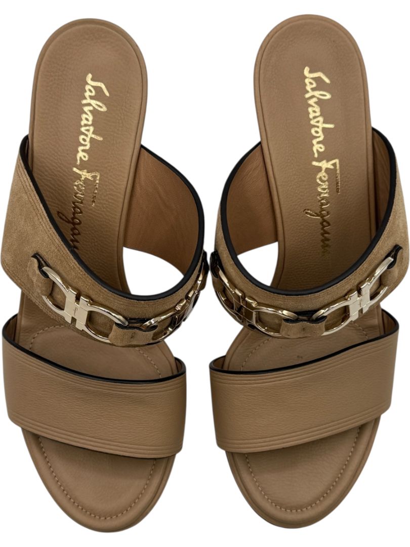 Salvatore Ferragamo Tan Leather & Suede Wedge Sandals – Size 9