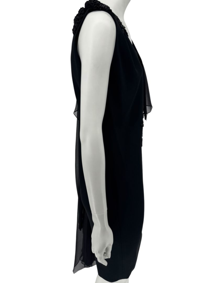 Pamella Roland Black Embellished One-Shoulder Cocktail Dress with Chiffon Drape – Large
