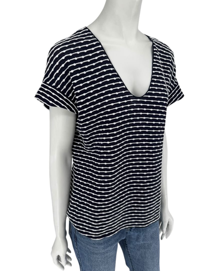 Armani Collezioni Made in Italy Navy & White Textured Stripe V-Neck Top – Size 12