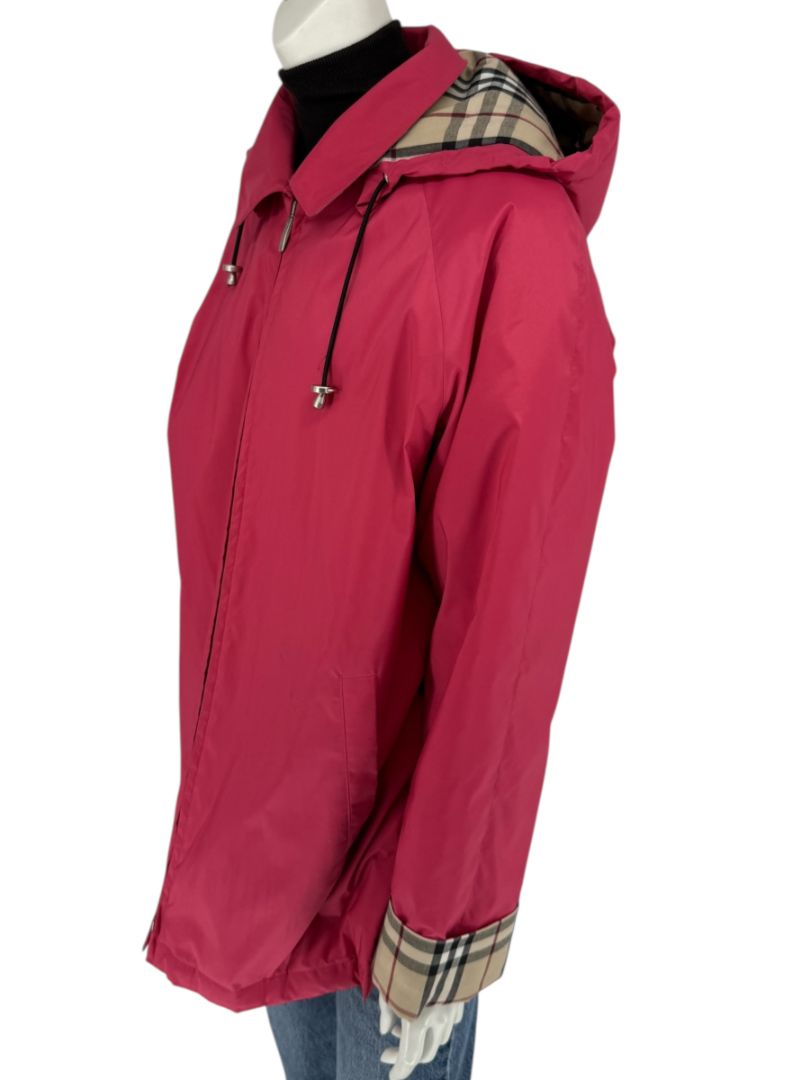 Burberry London Fuchsia Hooded Check-Lined Jacket – Size L