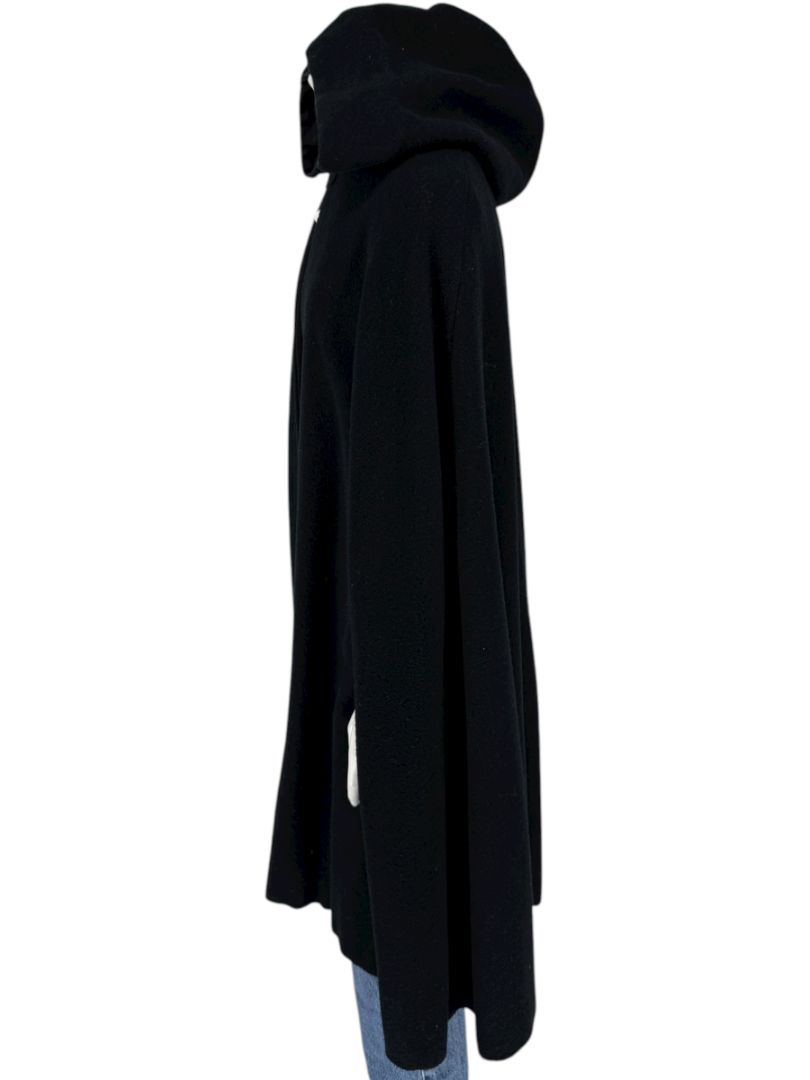 Black Wool Hooded Cape with Silk-Lined Interior – Large