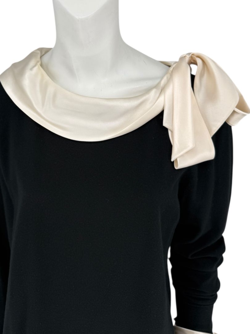 Rena Lange Black Dress with Ivory Satin Accents – Size Large