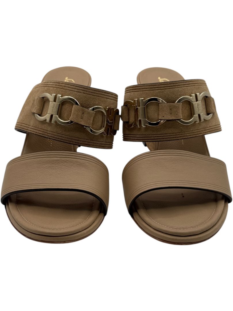 Salvatore Ferragamo Tan Leather & Suede Wedge Sandals – Size 9