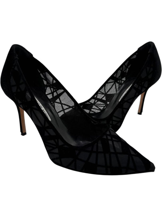 Manolo Blahnik Black Velvet & Mesh Geometric Pumps – Size 39.5