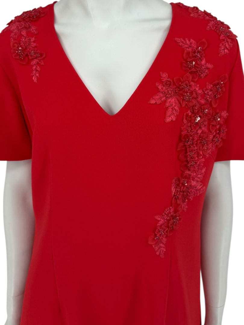Pamella Roland Red Embellished V-Neck Shift Dress – Large