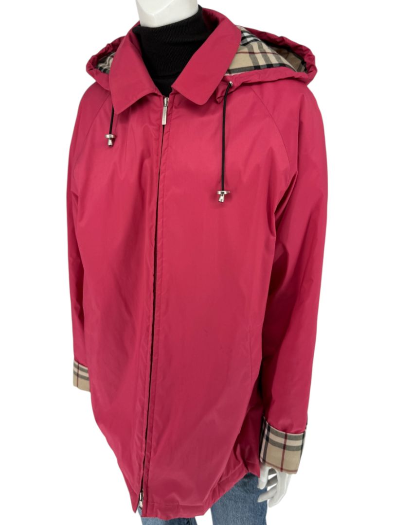 Burberry London Fuchsia Hooded Check-Lined Jacket – Size L