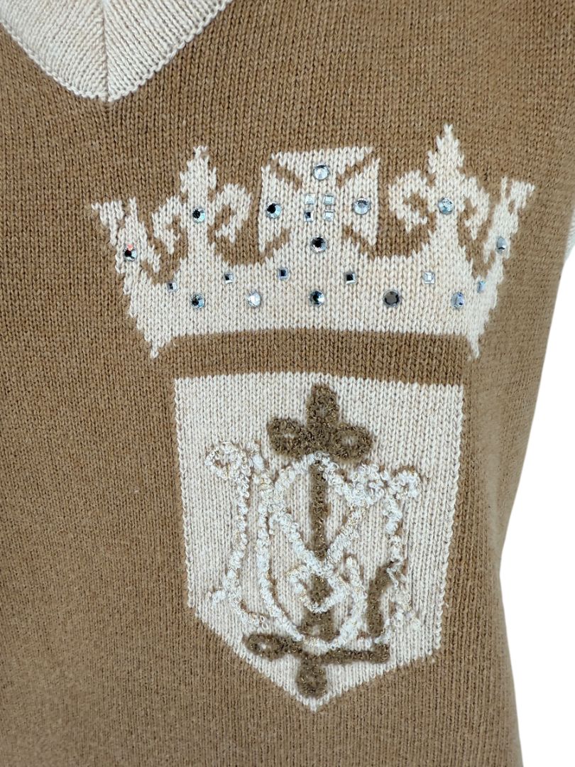 Misselle Les Copains Tan Embellished Crest Sweater Vest – Size L
