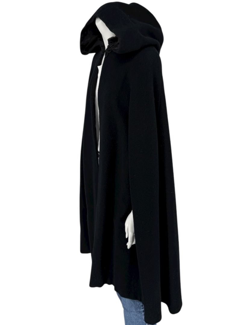 Black Wool Hooded Cape with Silk-Lined Interior – Large